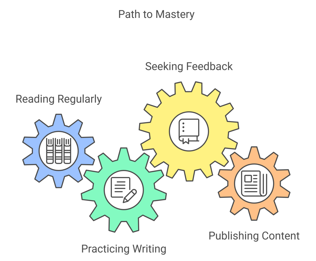 A visual diagram illustrating the 'Path to Mastery,' featuring four interconnected gears labeled 'Reading Regularly,' 'Practicing Writing,' 'Seeking Feedback,' and 'Publishing Content.'