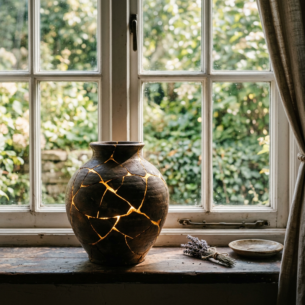Repaired pottery vase with gold kintsugi cracks illuminated by warm light on windowsill