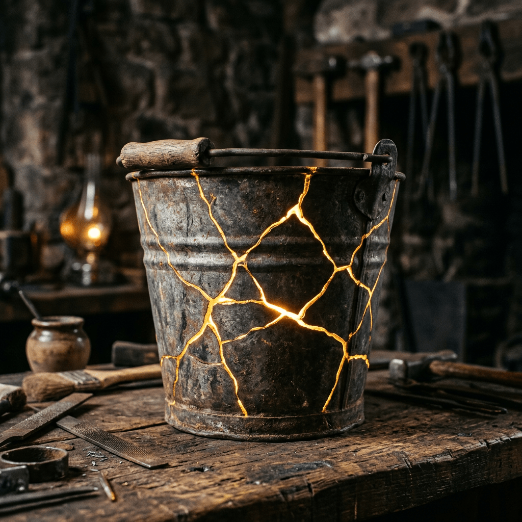 Old metal bucket with cracks filled with glowing gold light on workshop table