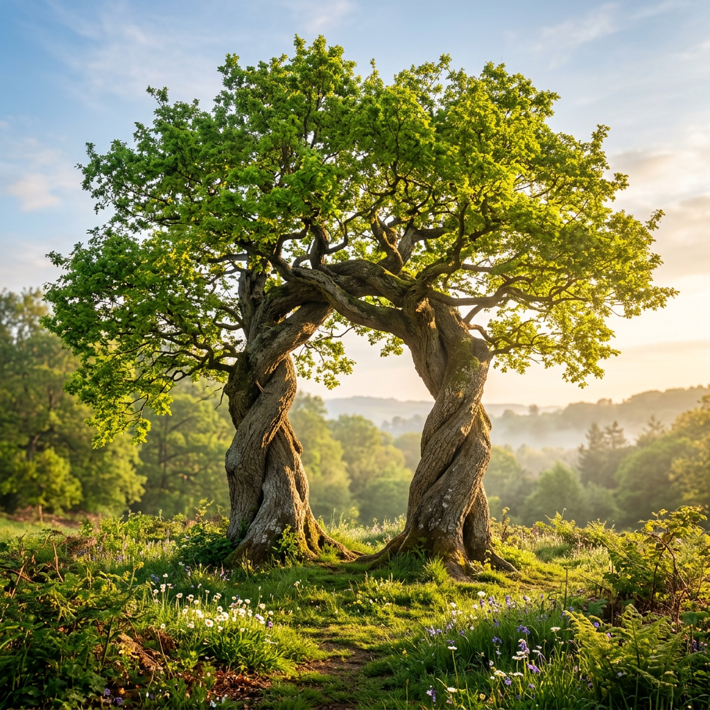 Two twisted tree trunks forming a natural arch with green leaves in a sunlit forest clearing