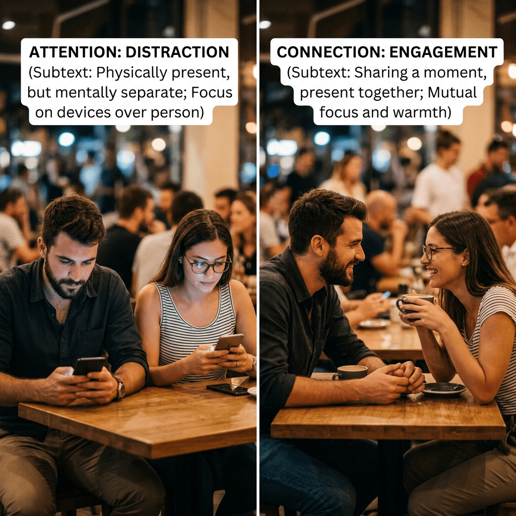Couple at a café showing distraction with phones and later engaged conversation