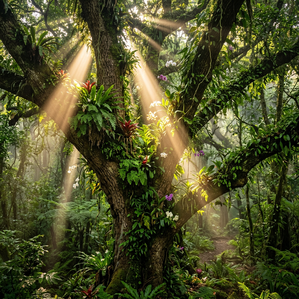 Tree covered with orchids and ferns in a sunlit rainforest