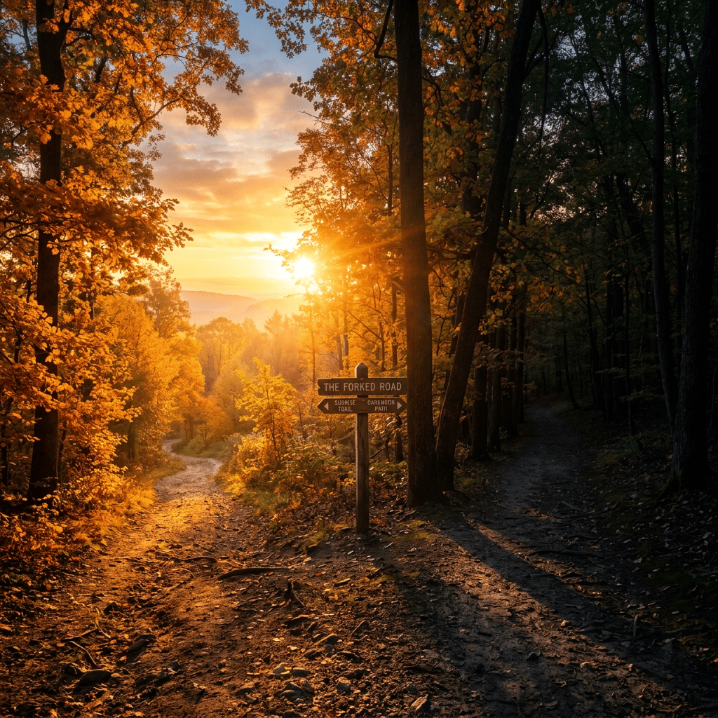 Forked forest trail with autumn foliage and sunrise