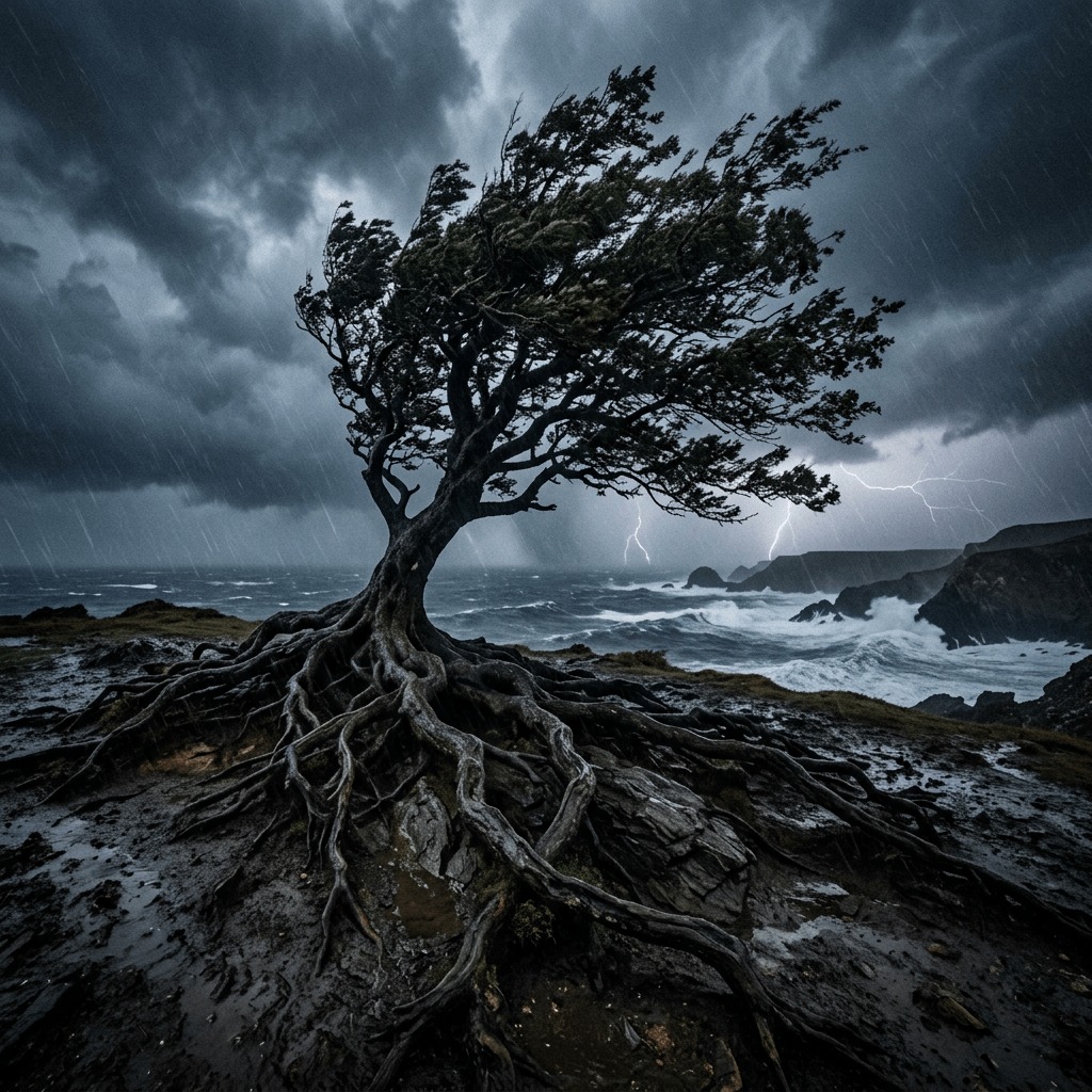 A windswept tree with exposed roots on rocky coast under stormy sky and lightning