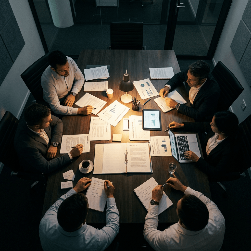 Six business professionals seated around a table reviewing documents and digital devices under warm lamp light