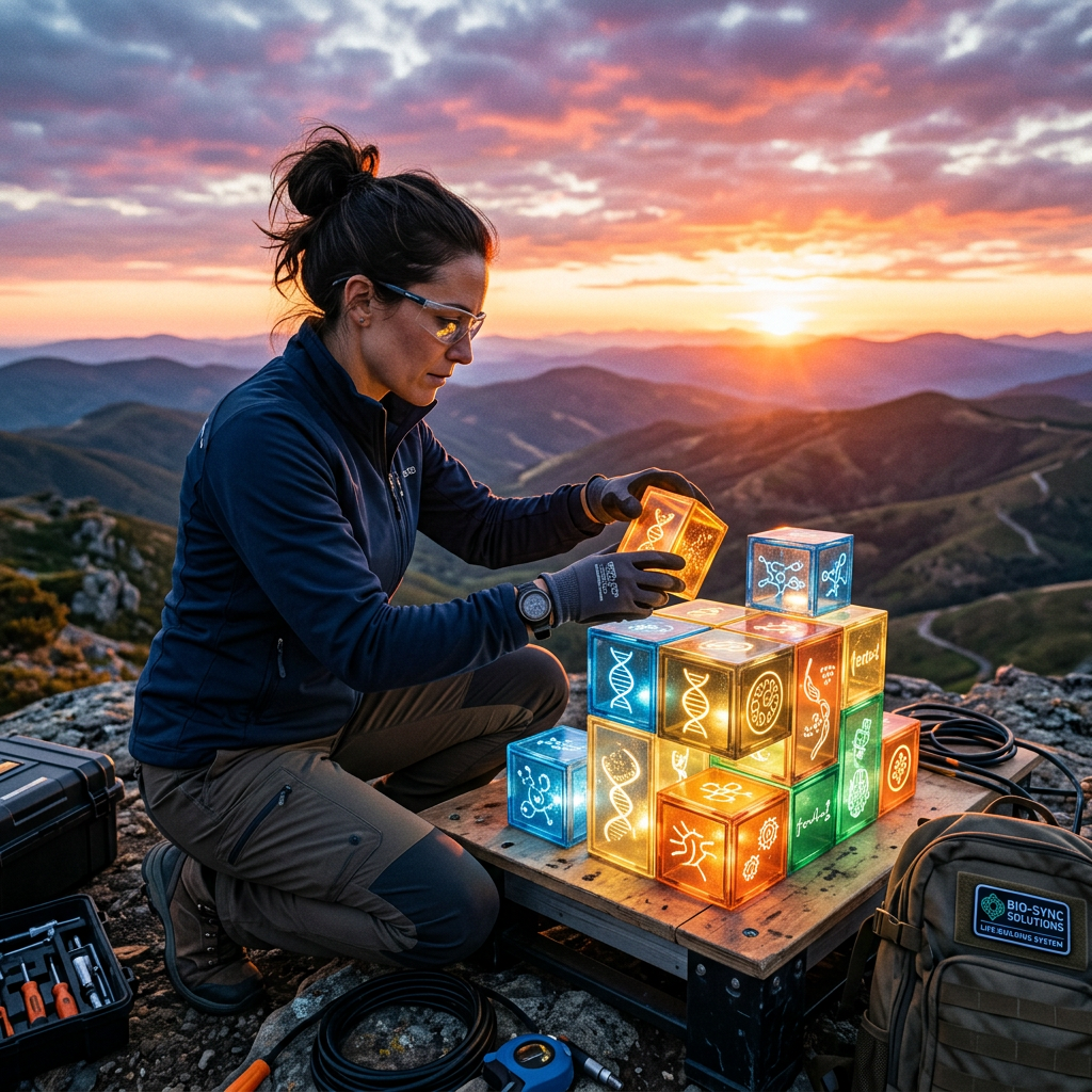 Researcher assembling glowing scientific cubes on a mountain overlook