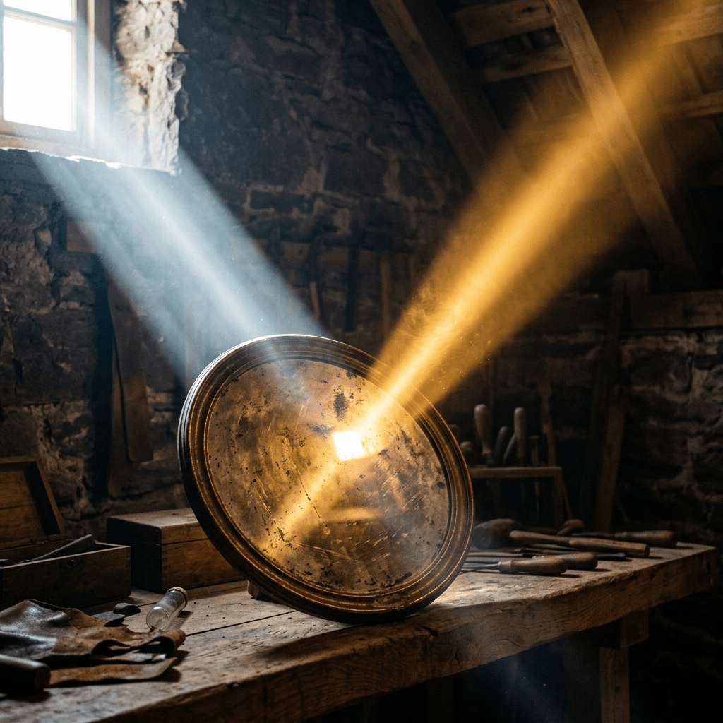 Weathered metal disc on a workbench in a rustic workshop
