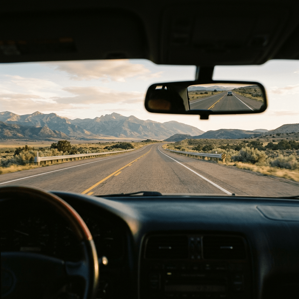 Highway winding through a mountain valley, seen from inside a car