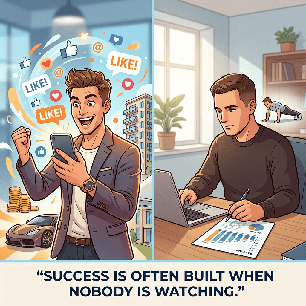Split illustration of social-media success and private work with quote “SUCCESS IS OFTEN BUILT WHEN NOBODY IS WATCHING.”