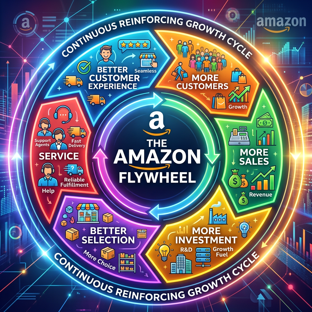 The Amazon Flywheel: better customer experience leads to more customers, sales, investment, selection, and service in a continuous reinforcing growth cycle.