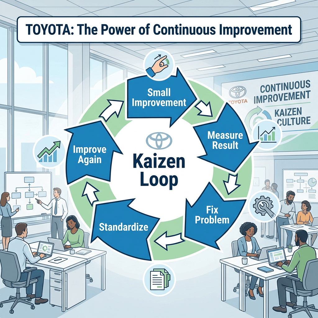 TOYOTA: The Power of Continuous Improvement; Kaizen Loop: Small Improvement, Measure Result, Fix Problem, Standardize, Improve Again; Continuous Improvement, Kaizen Culture