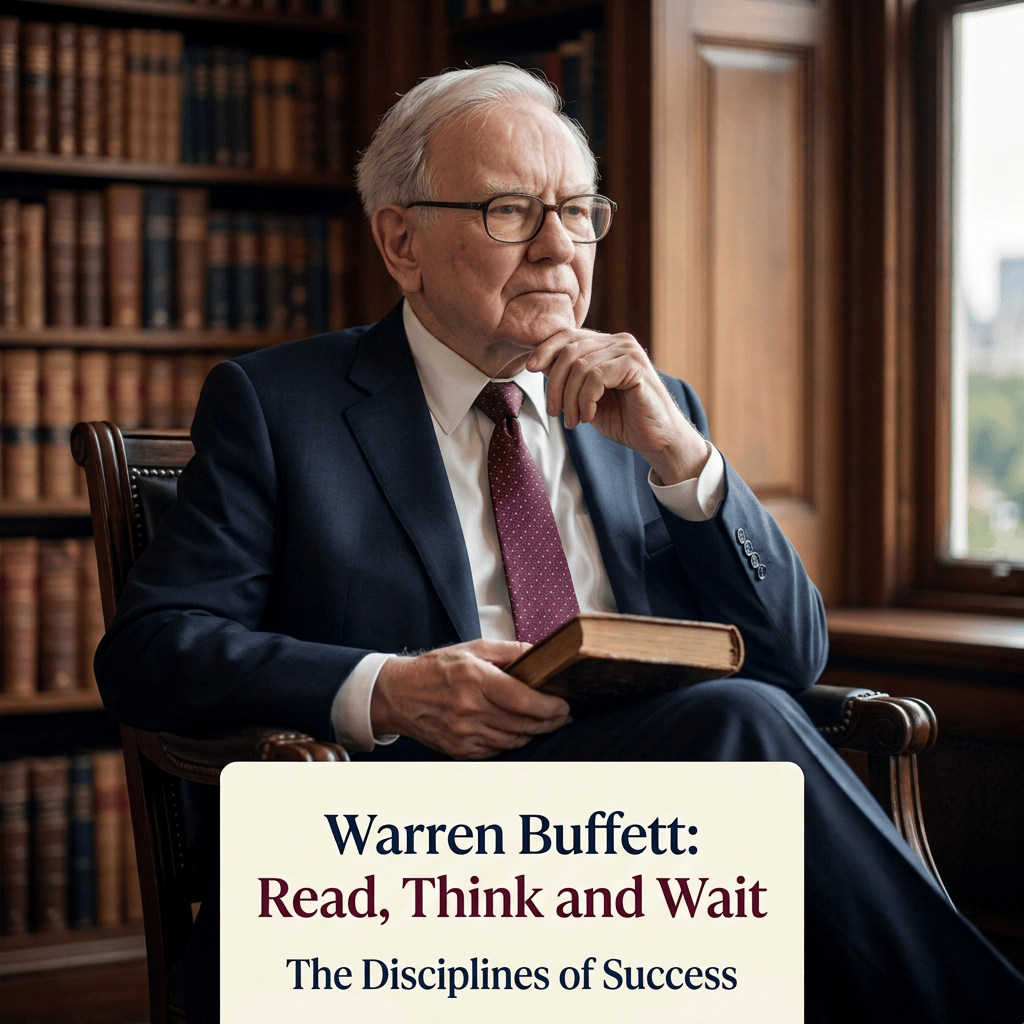 Warren Buffett holding a book beside text reading “Warren Buffett: Read, Think and Wait — The Disciplines of Success”