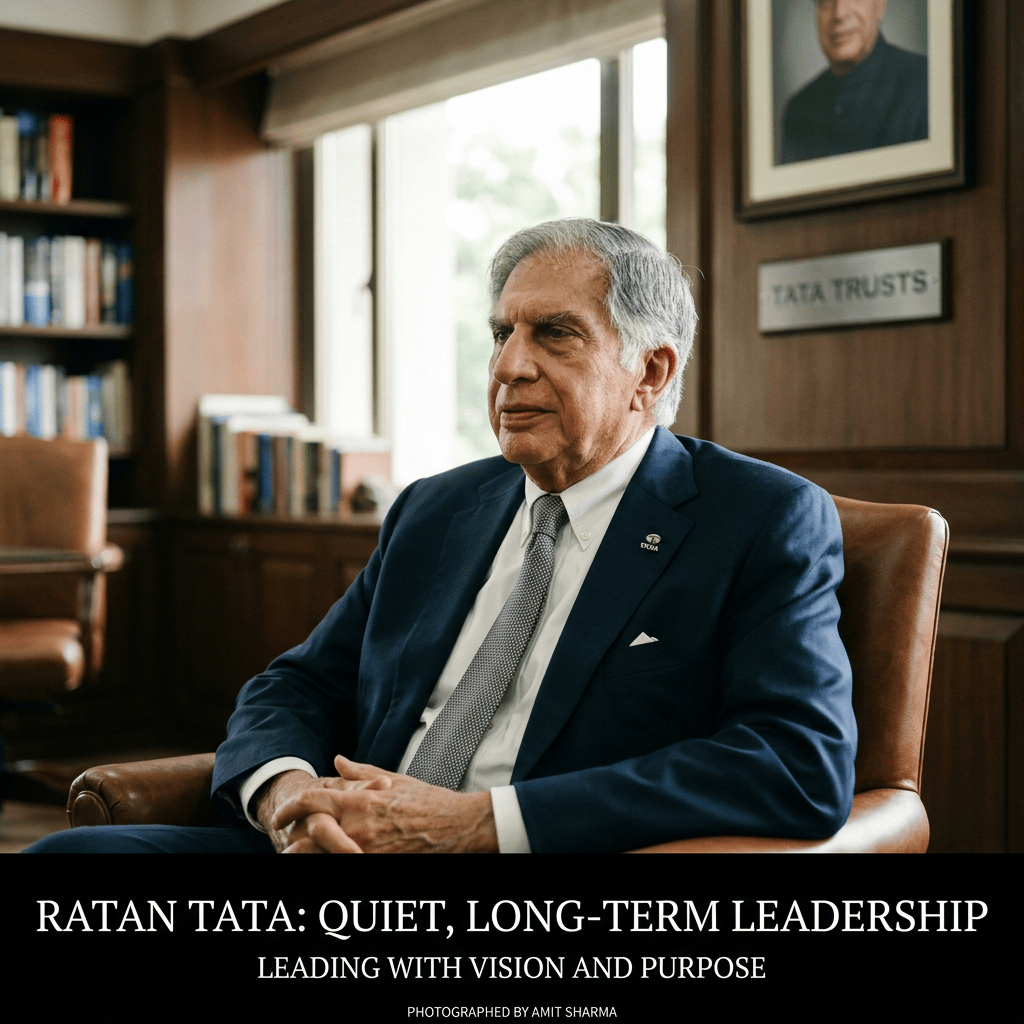 Ratan Tata seated in an office; “RATAN TATA: QUIET, LONG-TERM LEADERSHIP,” “LEADING WITH VISION AND PURPOSE,” “PHOTOGRAPHED BY AMIT SHARMA,” and “TATA TRUSTS.”
