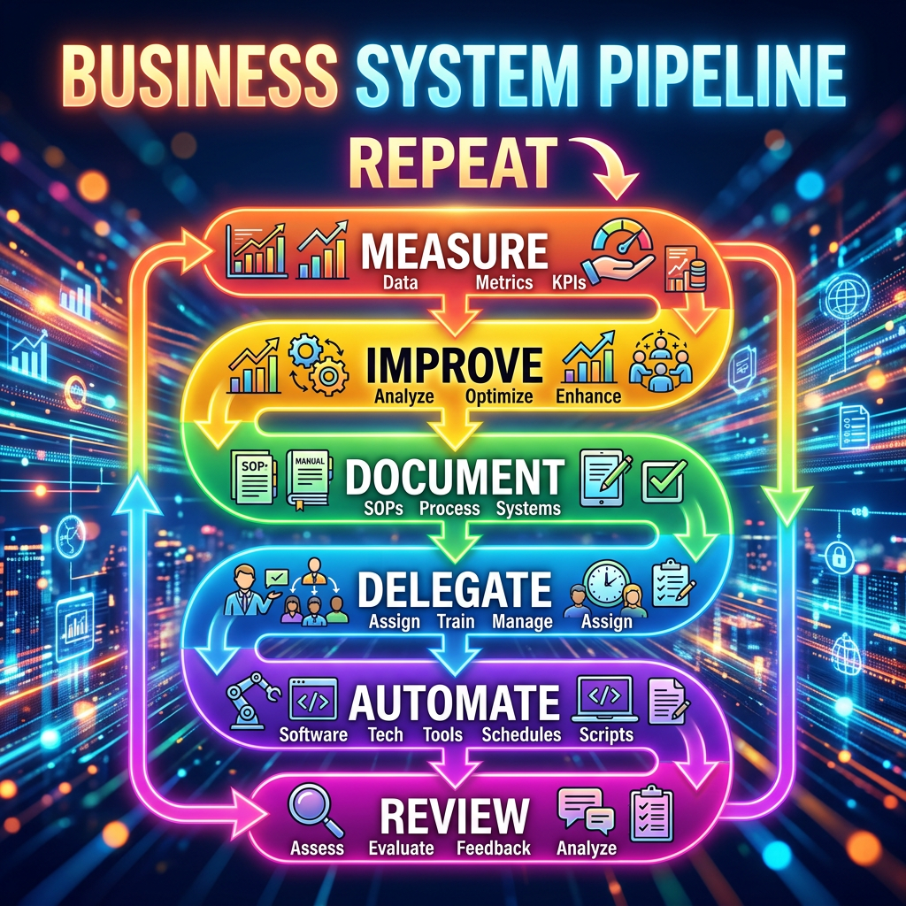 Business system pipeline showing measure, improve, document, delegate, automate, and review