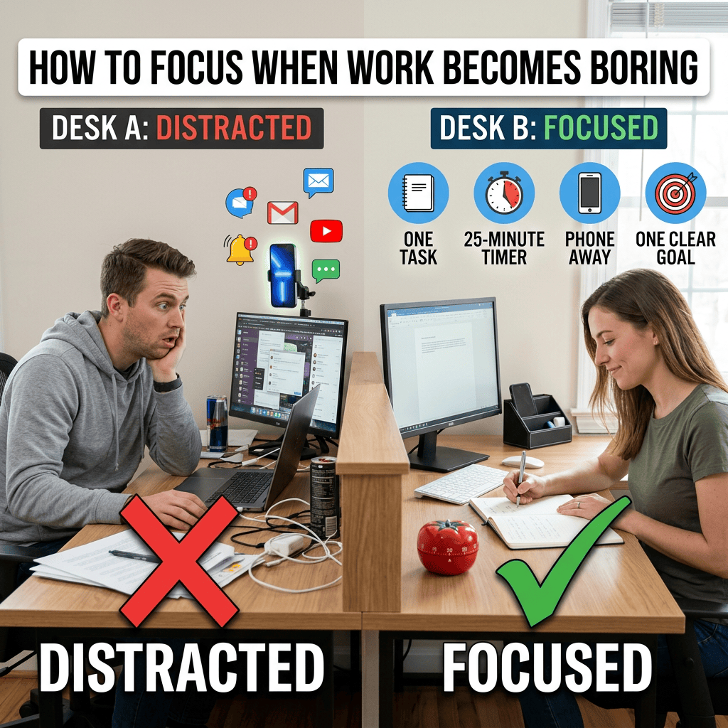 Split desk comparison showing distracted work versus focused work strategies