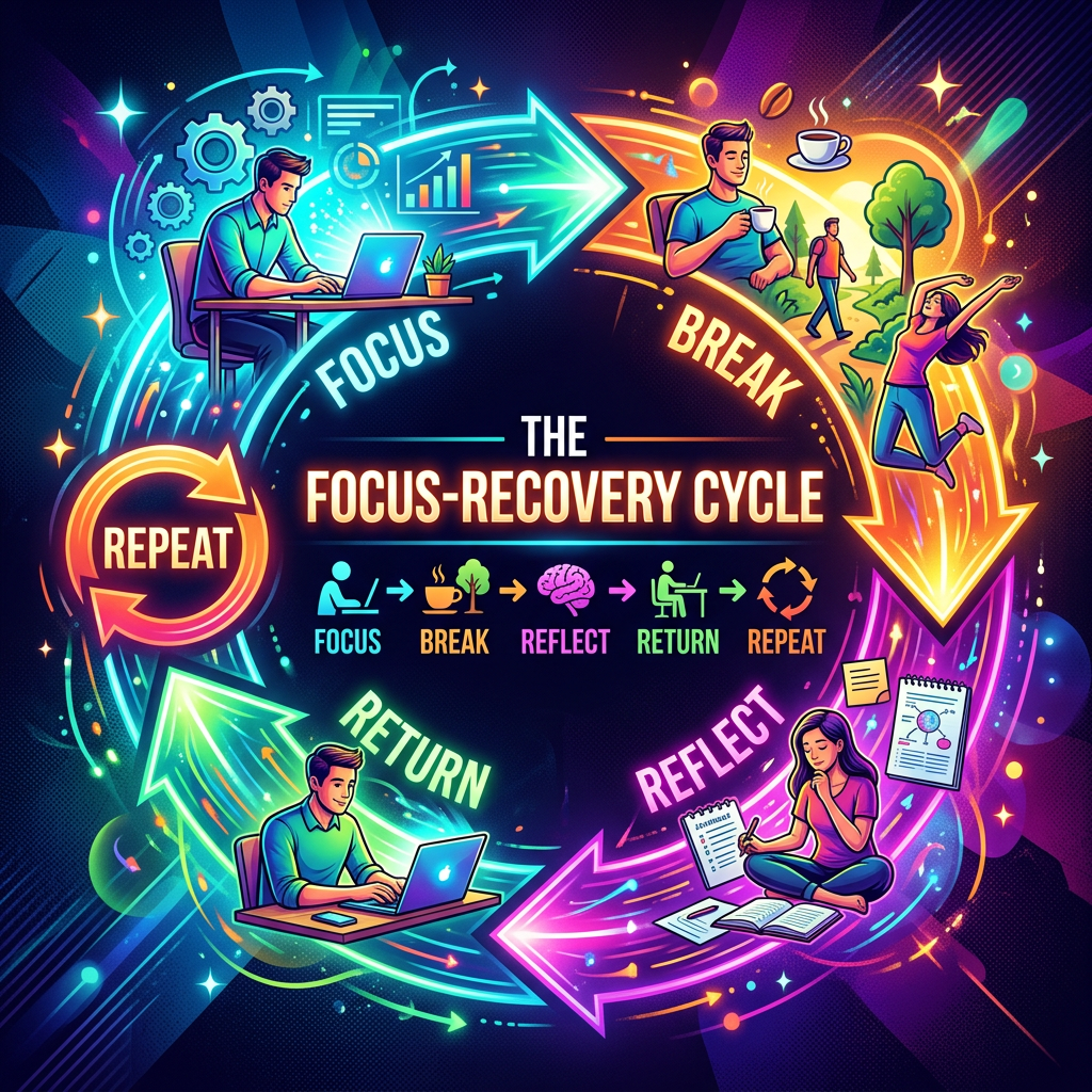 Infographic text: THE FOCUS-RECOVERY CYCLE; FOCUS, BREAK, REFLECT, RETURN, REPEAT.