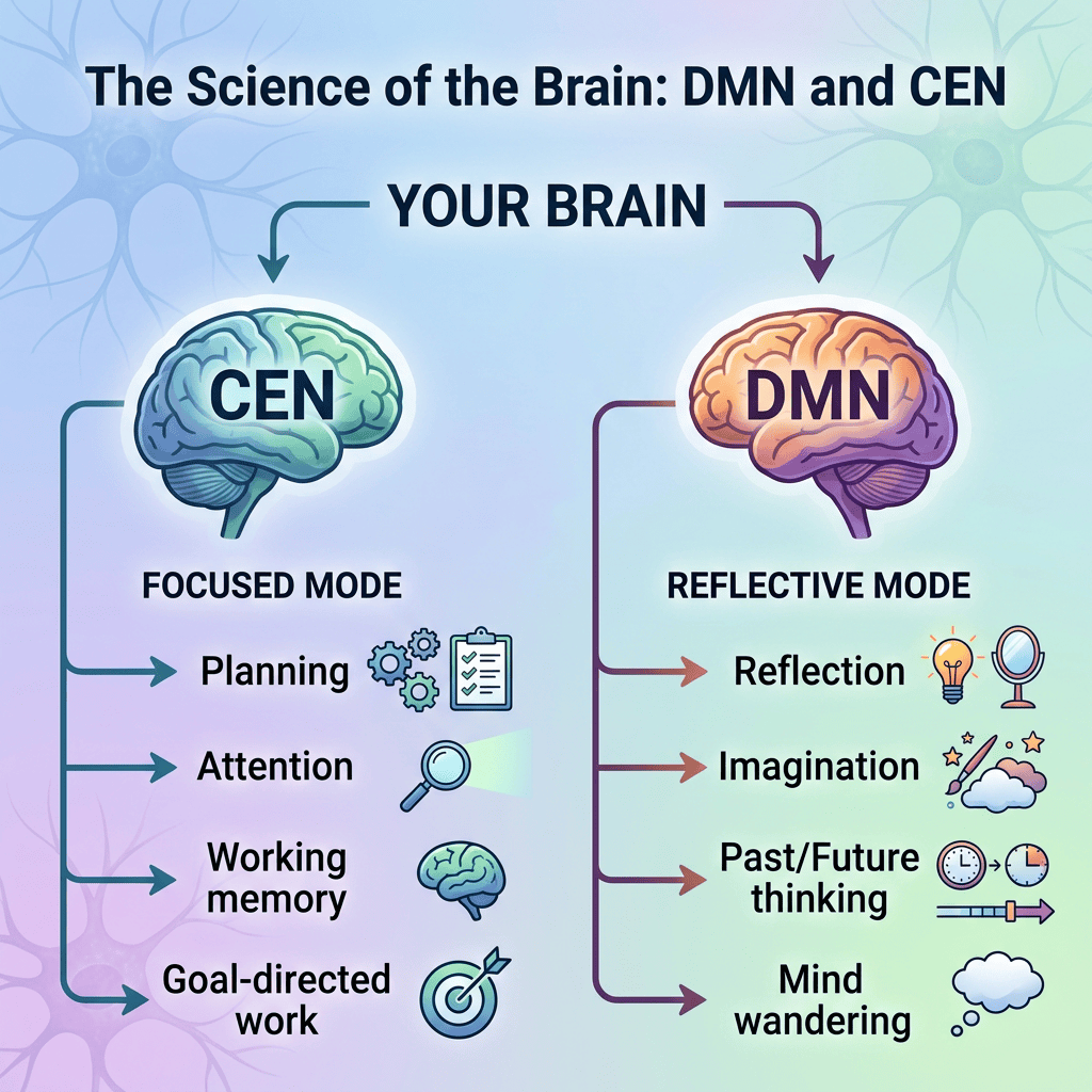 The Science of the Brain: DMN and CEN. Your Brain. CEN: Focused Mode—Planning, Attention, Working memory, Goal-directed work. DMN: Reflective Mode—Reflection, Imagination, Past/Future thinking, Mind wandering.