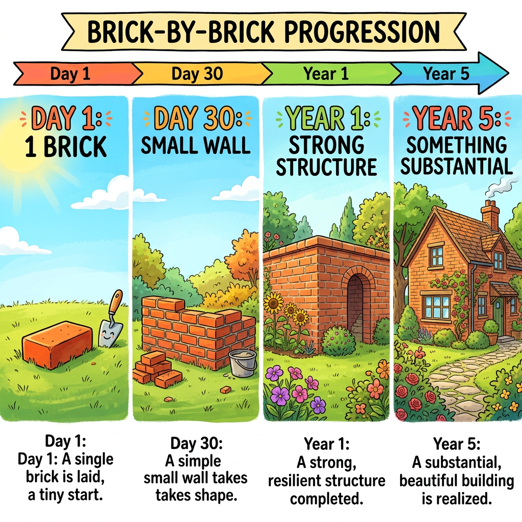 Brick-by-Brick Progression: Day 1, 1 brick; Day 30, small wall; Year 1, strong structure; Year 5, something substantial.