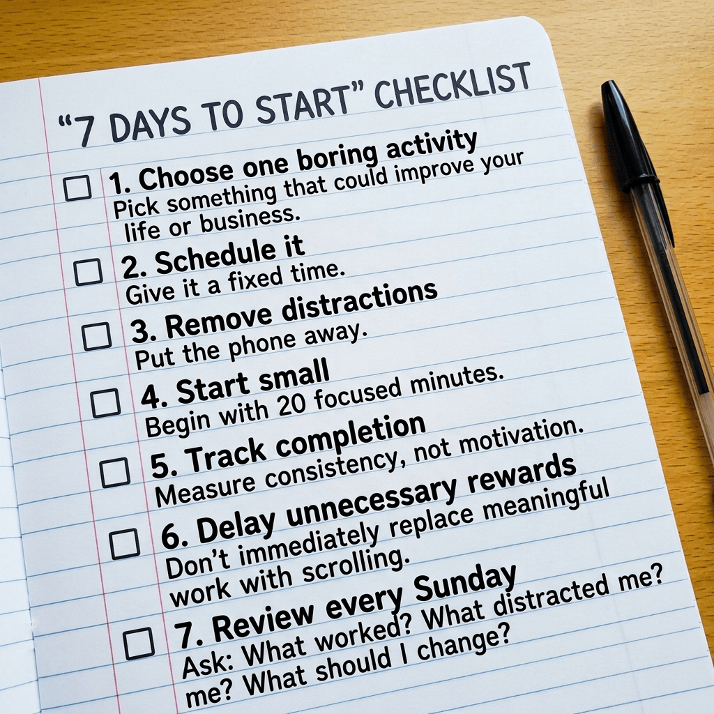 Notebook checklist titled “7 DAYS TO START” with seven productivity steps and a pen