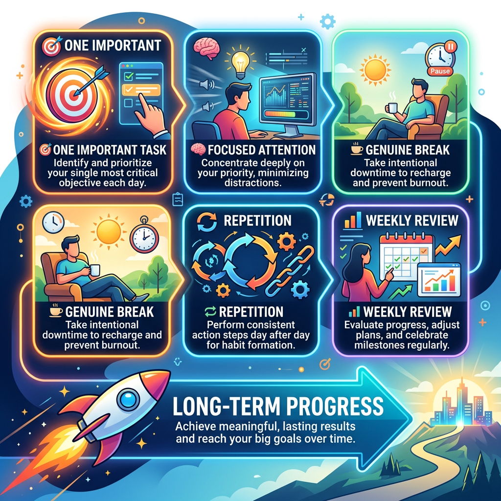 Infographic text: ONE IMPORTANT; ONE IMPORTANT TASK; Identify and prioritize your single most critical objective each day. FOCUSED ATTENTION; Concentrate deeply on your priority, minimizing distractions. GENUINE BREAK; Take intentional downtime to recharge and prevent burnout. REPETITION; Perform consistent action steps day after day for habit formation. WEEKLY REVIEW; Evaluate progress, adjust plans, and celebrate milestones regularly. LONG-TERM PROGRESS; Achieve meaningful, lasting results and reach your big goals over time.