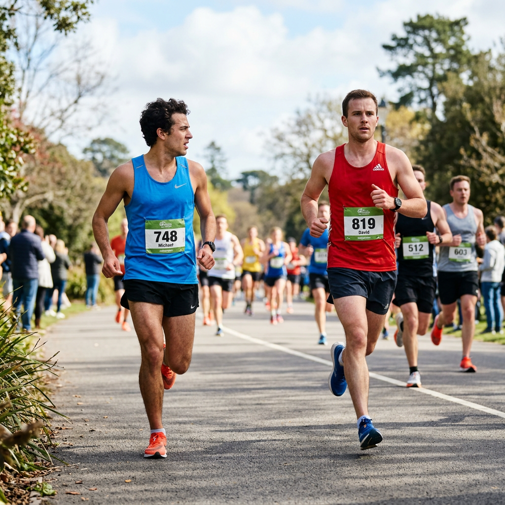 Runners competing in a road race, led by participants wearing bibs 748 and 819