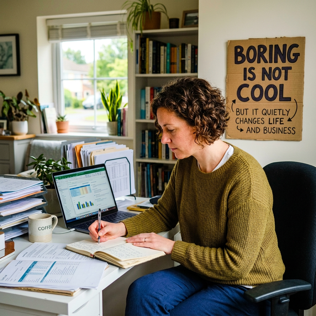 Person writing notes beside research papers and laptop spreadsheet