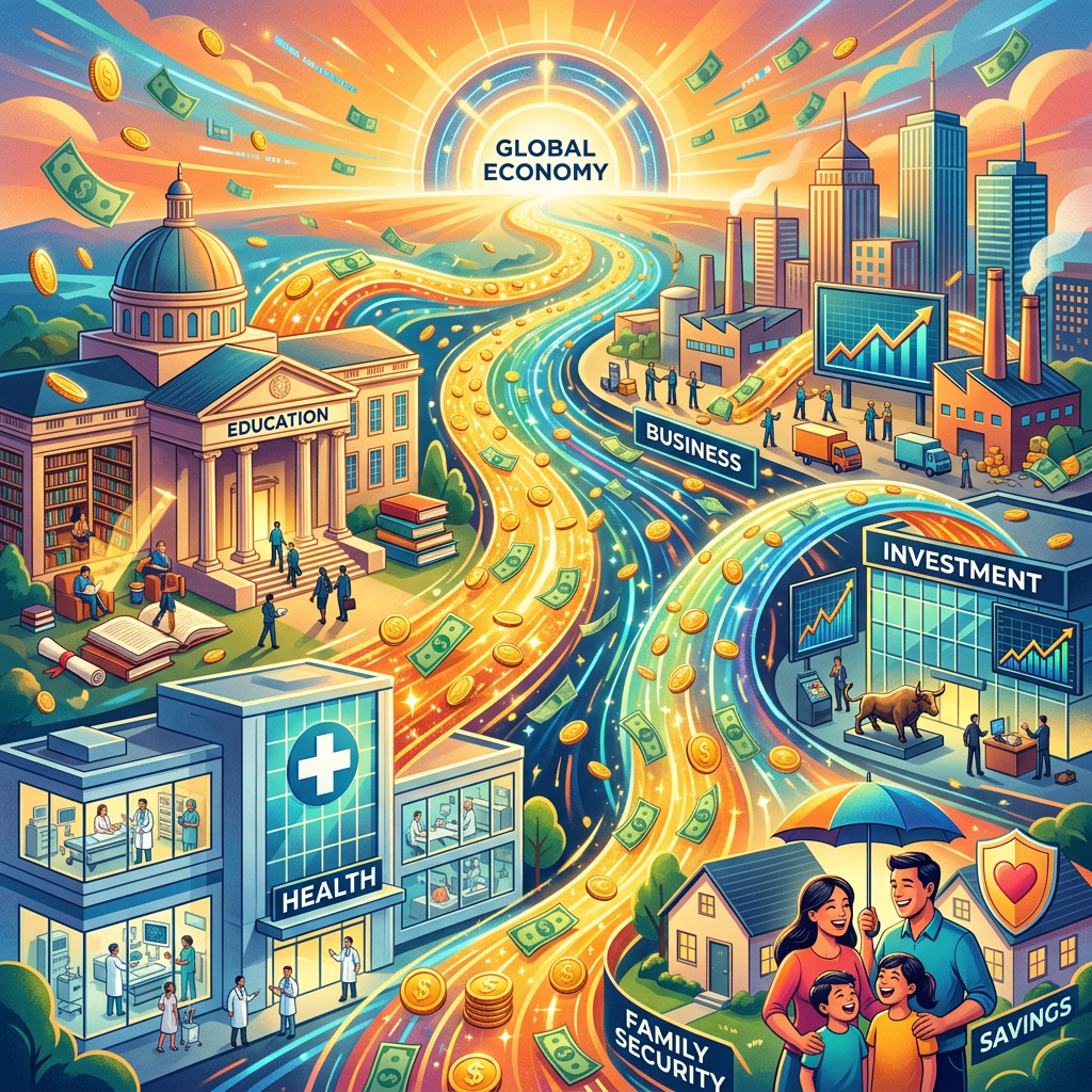 Illustration labeled GLOBAL ECONOMY, EDUCATION, BUSINESS, INVESTMENT, HEALTH, FAMILY SECURITY, and SAVINGS.