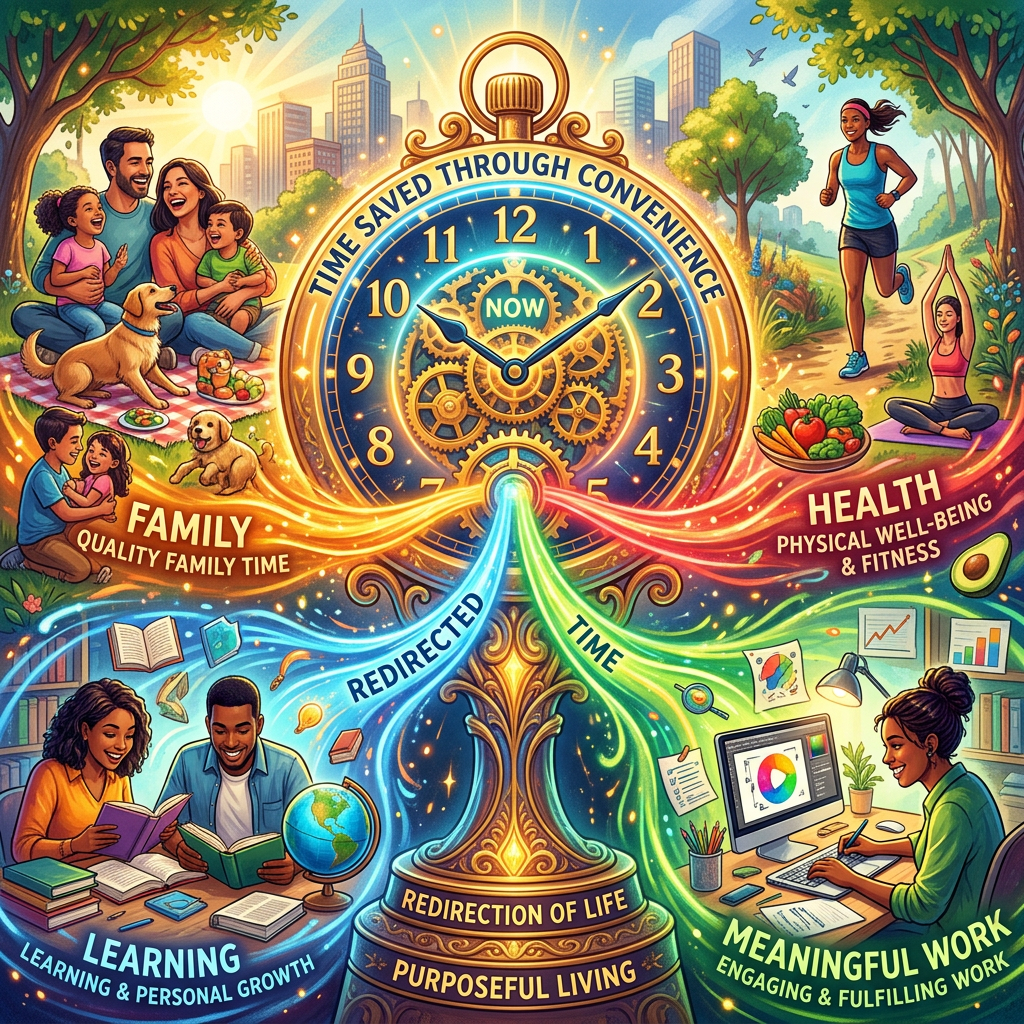 Clock labeled "TIME SAVED THROUGH CONVENIENCE" and "NOW," with redirected time supporting family, health, learning, meaningful work, and purposeful living.