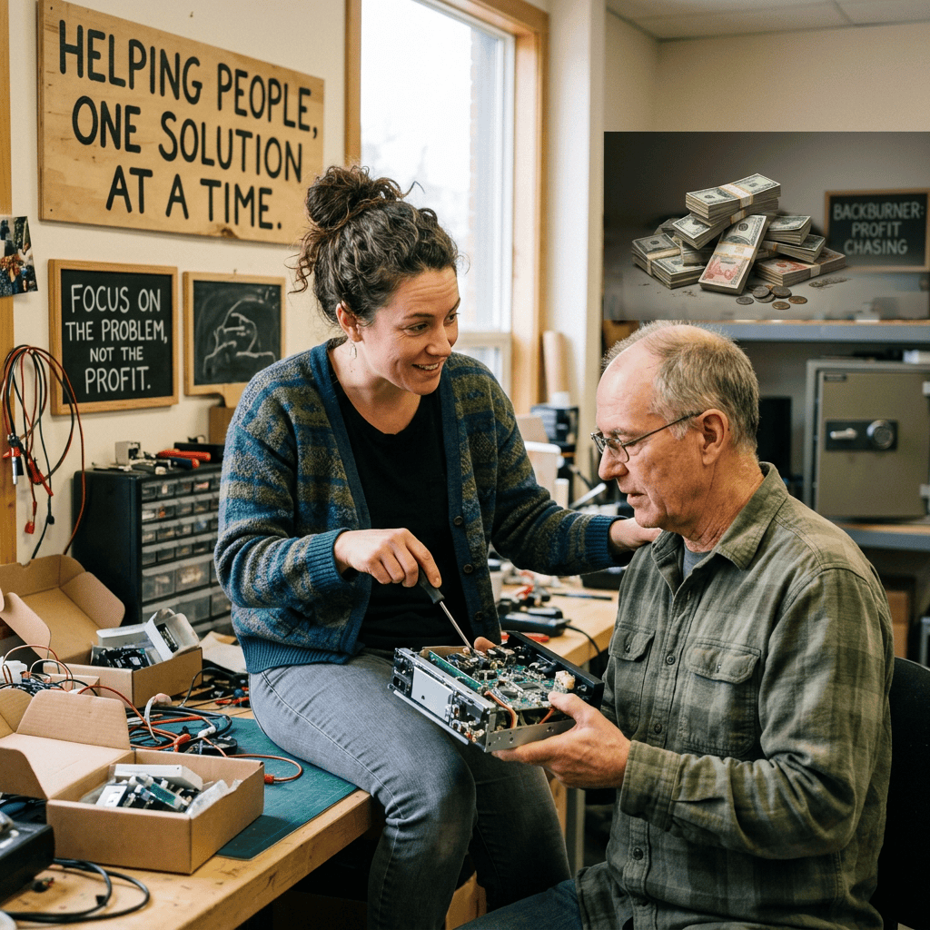 A woman helps an older man repair an electronic device at a workbench.