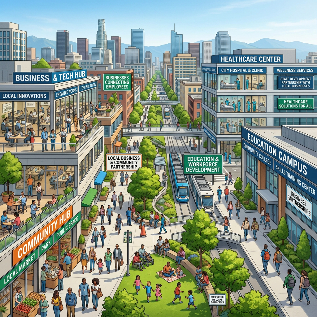 Illustrated city district labeled Business & Tech Hub, Healthcare Center, Education Campus, and Community Hub