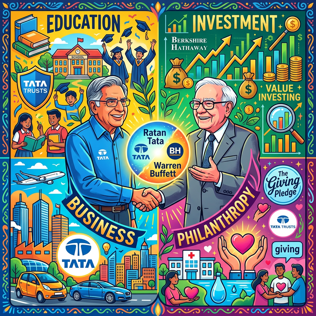 Illustration of Ratan Tata and Warren Buffett shaking hands amid education, investment, business, and philanthropy themes