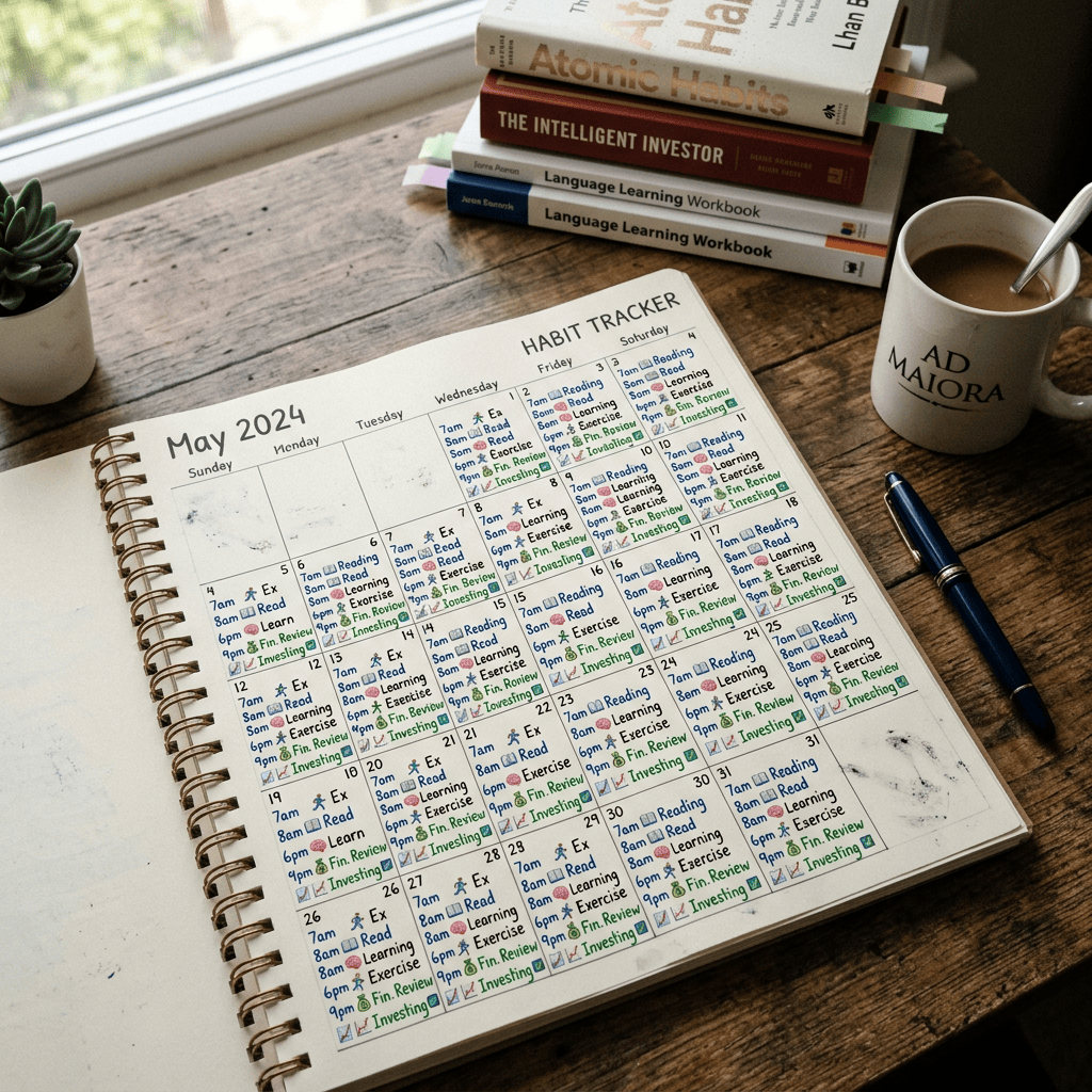 May 2024 habit tracker filled with reading, exercise, learning, and investing entries