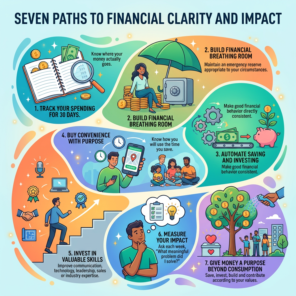 Infographic, “Seven Paths to Financial Clarity and Impact,” outlining seven financial habits.