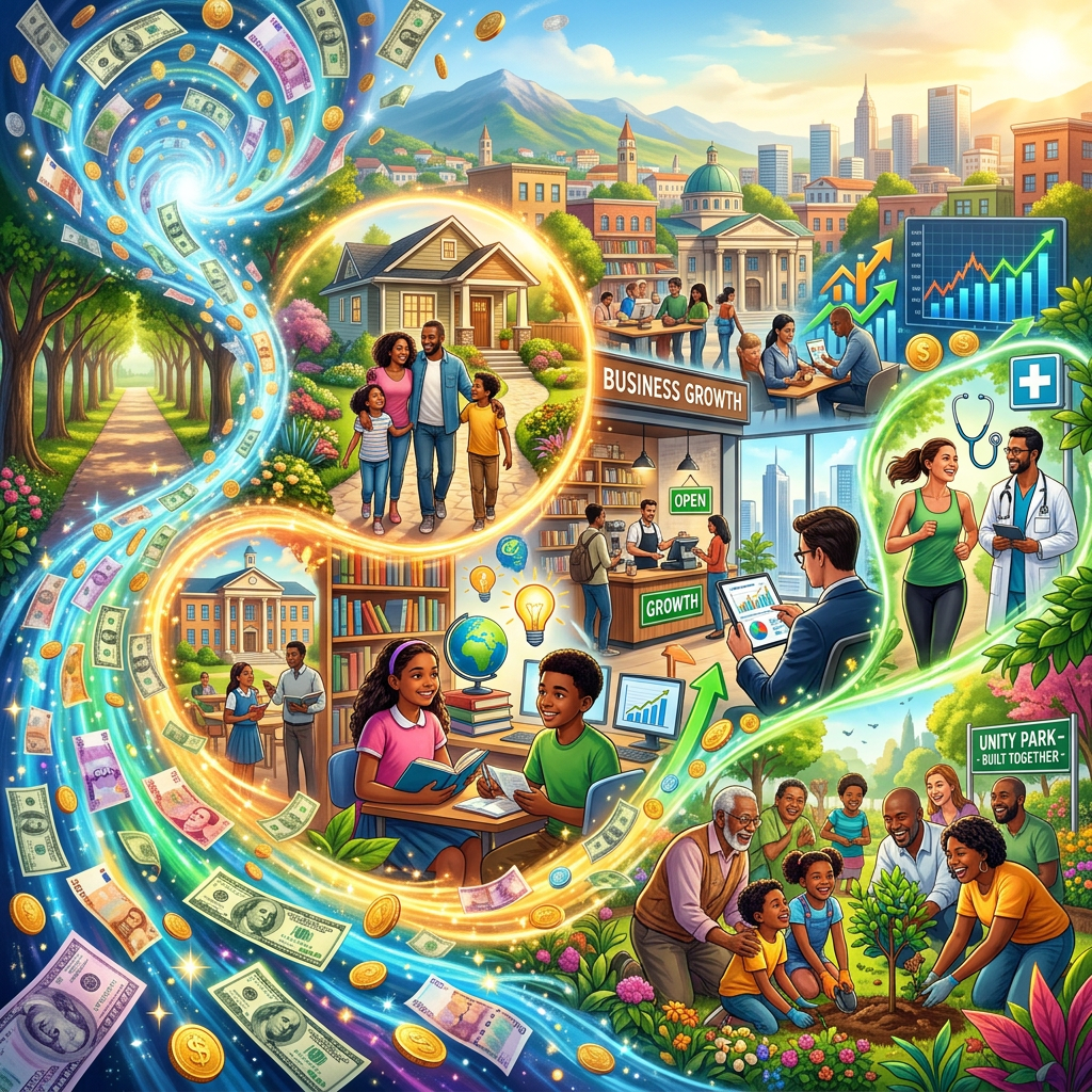 Illustration of community prosperity linking family, education, business, healthcare, and tree planting