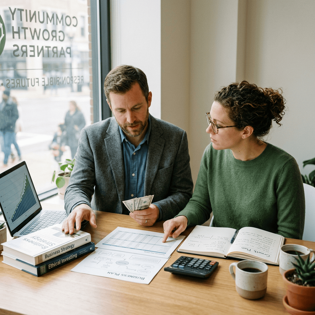 Two professionals review cash and financial plans; text reads “Money Is a Tool for Growth, Not the Goal: How to Use Money Responsibly in Life and Business.”