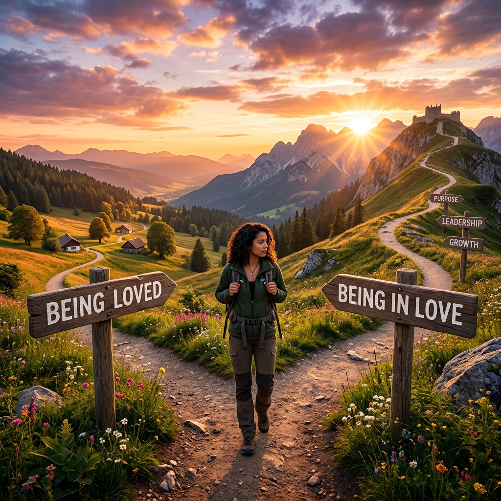 Hiker between signs reading “BEING LOVED” and “BEING IN LOVE”; signs read “PURPOSE,” “LEADERSHIP,” and “GROWTH.”