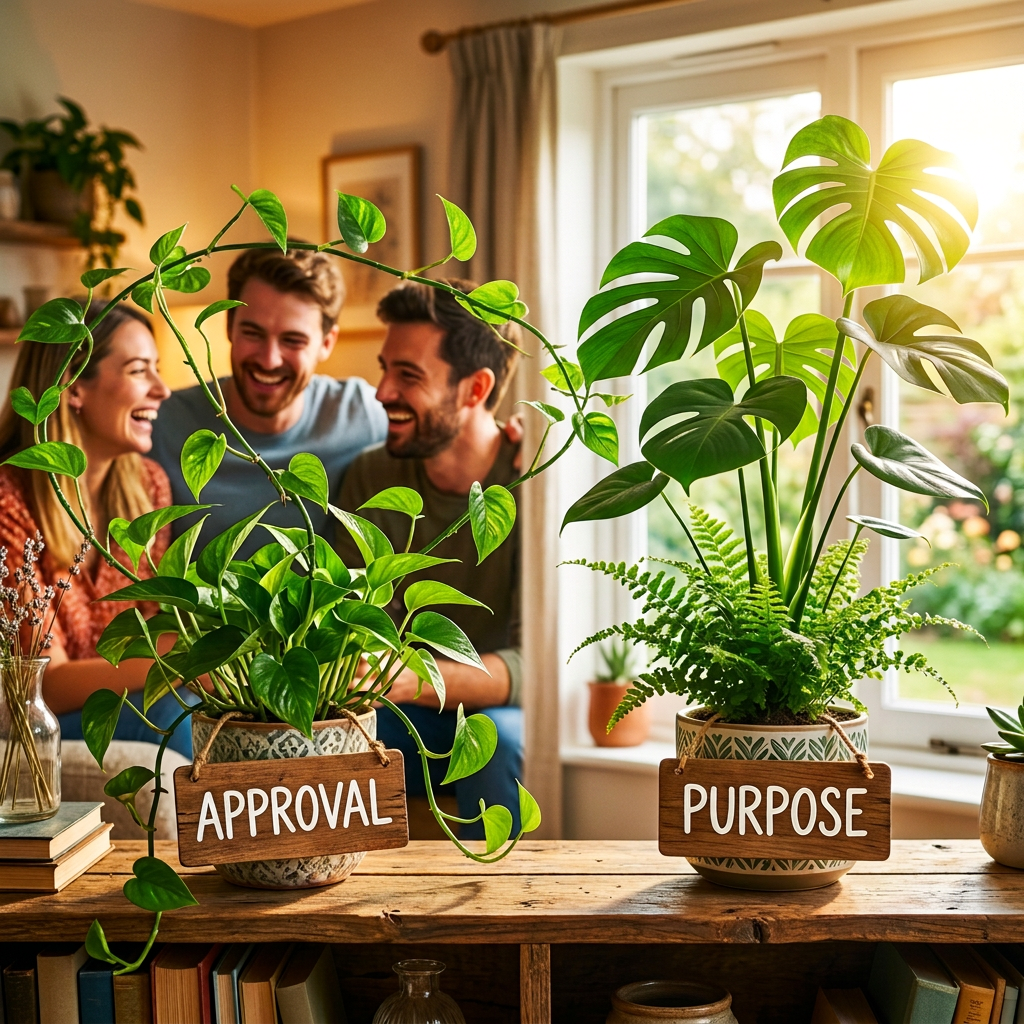 Two labeled houseplants, “APPROVAL” and “PURPOSE,” with three laughing friends behind them