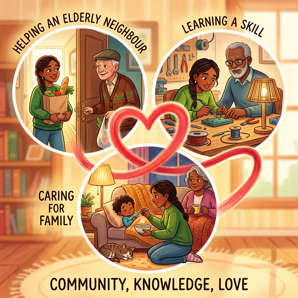 Illustration labeled “HELPING AN ELDERLY NEIGHBOUR,” “LEARNING A SKILL,” “CARING FOR FAMILY,” and “COMMUNITY, KNOWLEDGE, LOVE.”