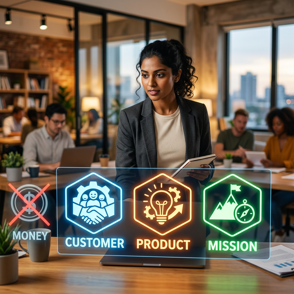 Businesswoman beside graphics labeled MONEY, CUSTOMER, PRODUCT, and MISSION