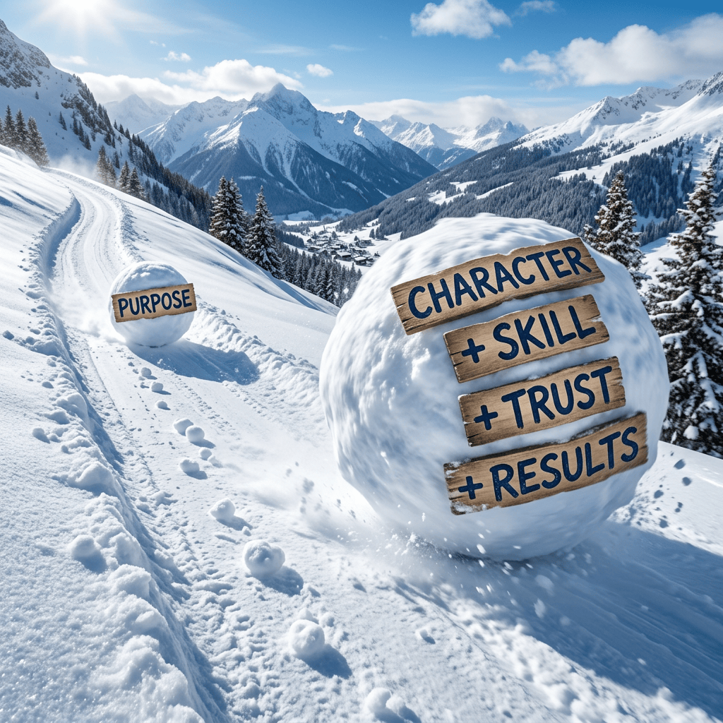 Snowy mountain trail with signs reading PURPOSE, CHARACTER, + SKILL, + TRUST, and + RESULTS