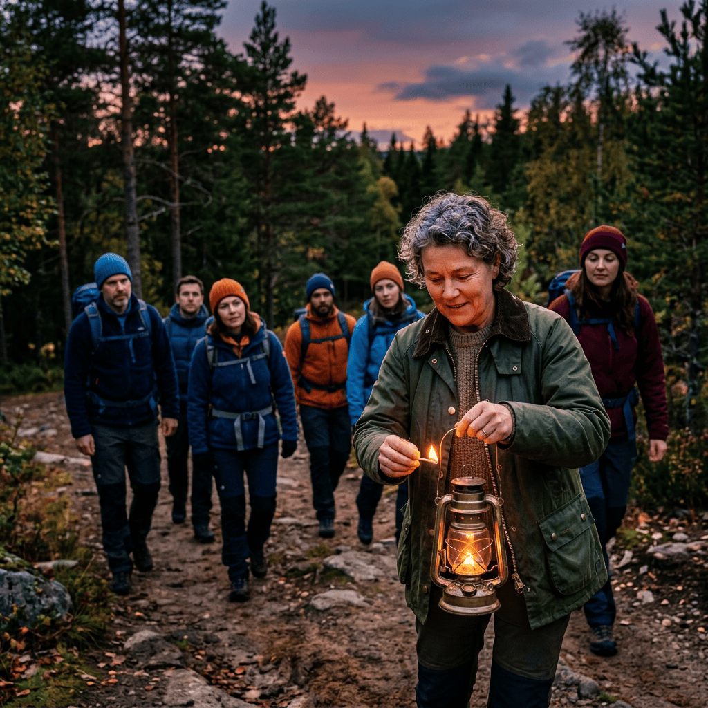 Hiking guide carrying a lit lantern with a group on a forest trail