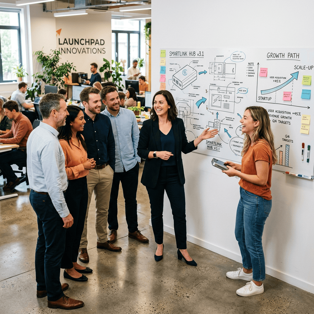 Startup team discussing product plans beside an innovation and growth roadmap
