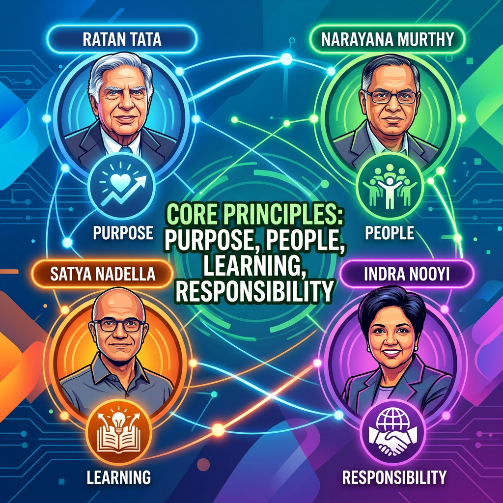 RATAN TATA, NARAYANA MURTHY, SATYA NADELLA, INDRA NOOYI; CORE PRINCIPLES: PURPOSE, PEOPLE, LEARNING, RESPONSIBILITY; labels PURPOSE, PEOPLE, LEARNING, RESPONSIBILITY