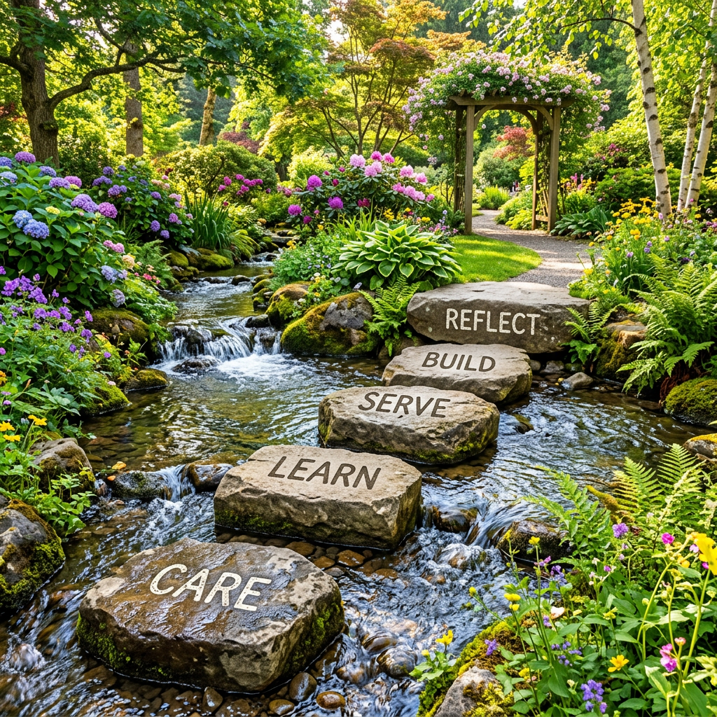Garden stream with stepping stones labeled CARE, LEARN, SERVE, BUILD, and REFLECT