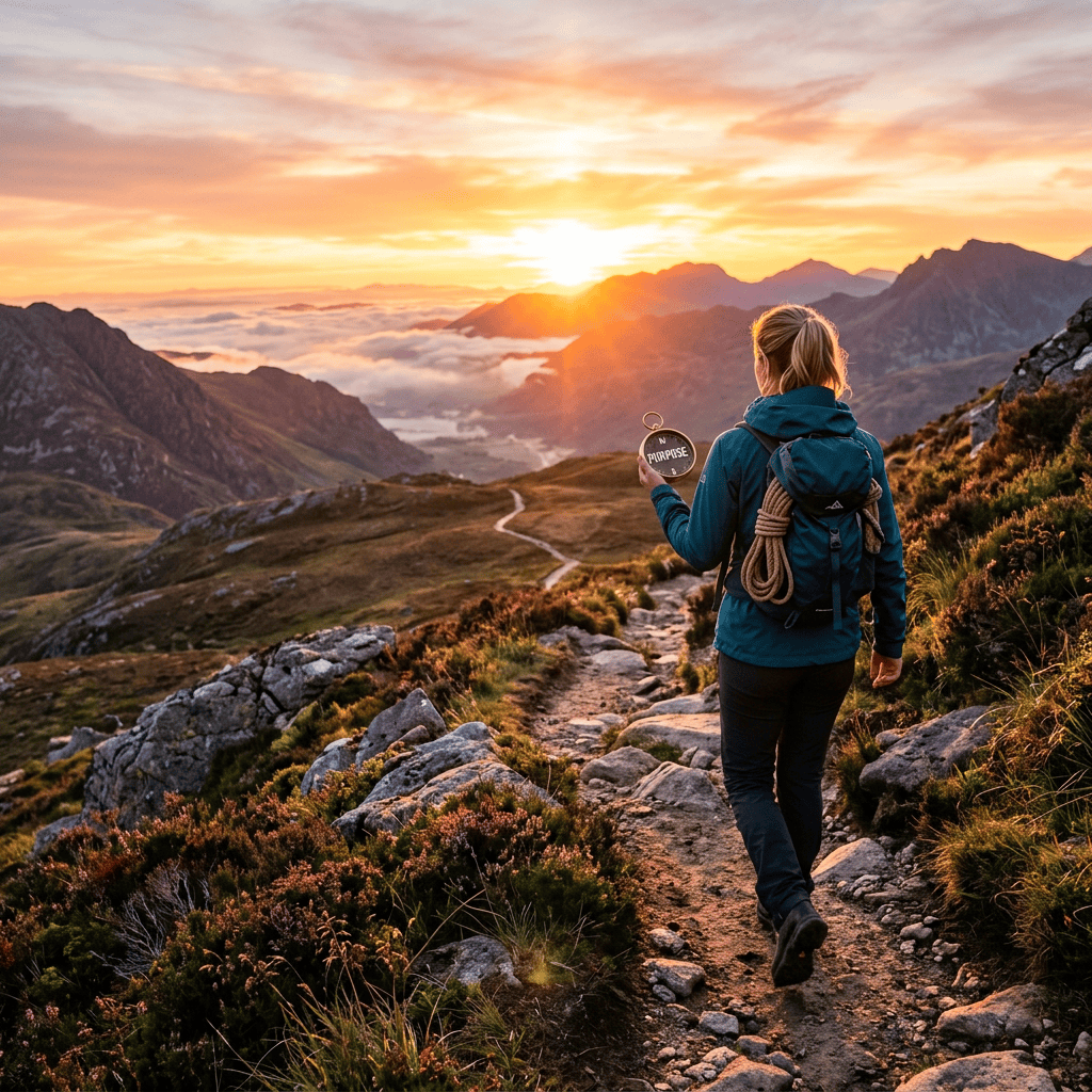 Hiker holding a compass labeled “PURPOSE” on a mountain trail
