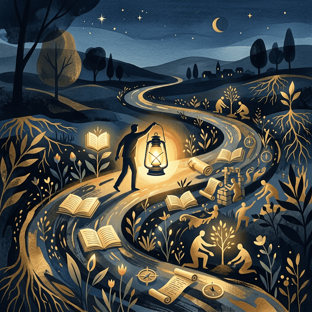 Glowing lantern on a winding path beneath a starry night sky