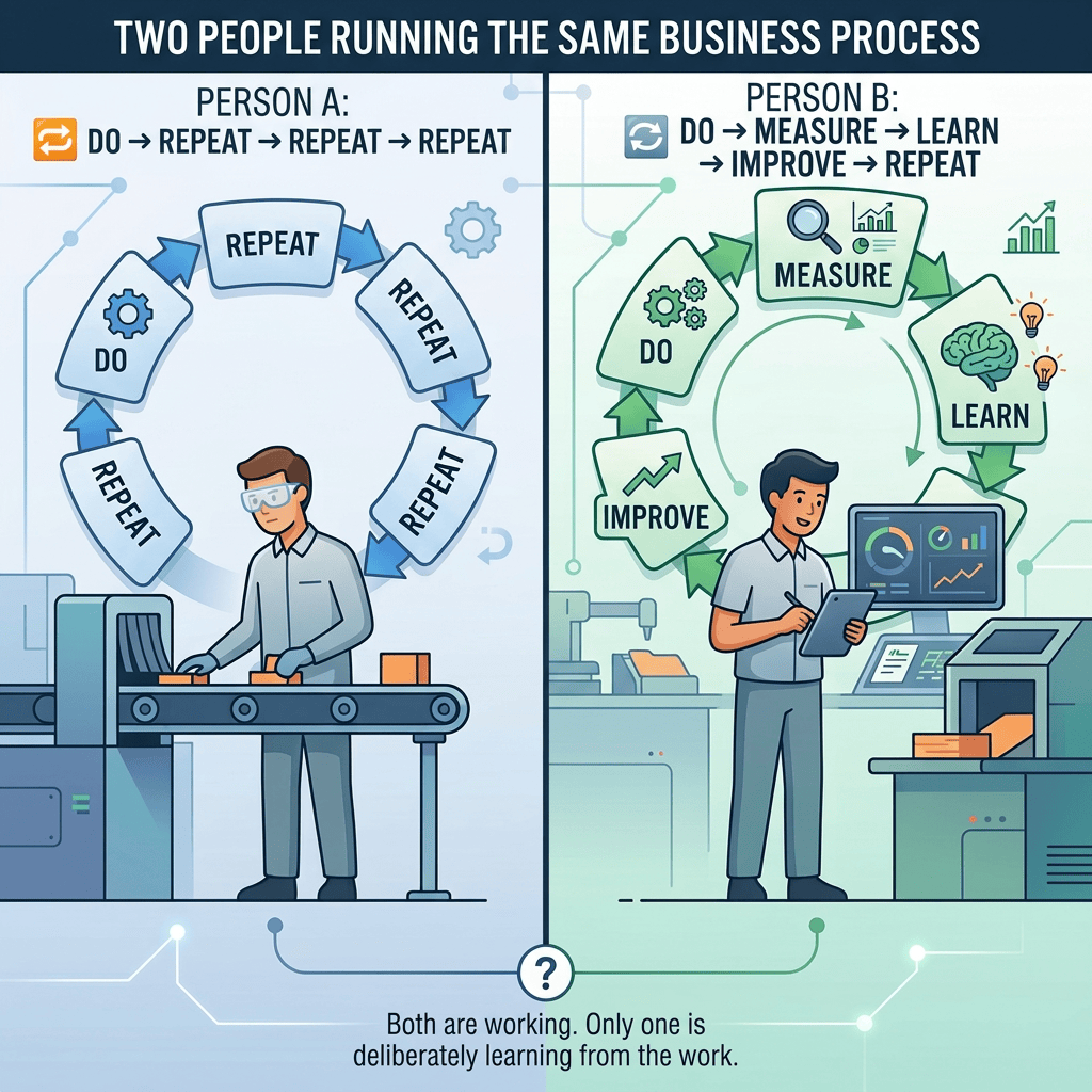 Person A repeats factory tasks while Person B measures, learns, and improves.