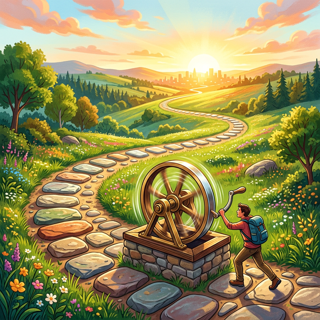 Backpacker turning a large wheel beside a stepping-stone path