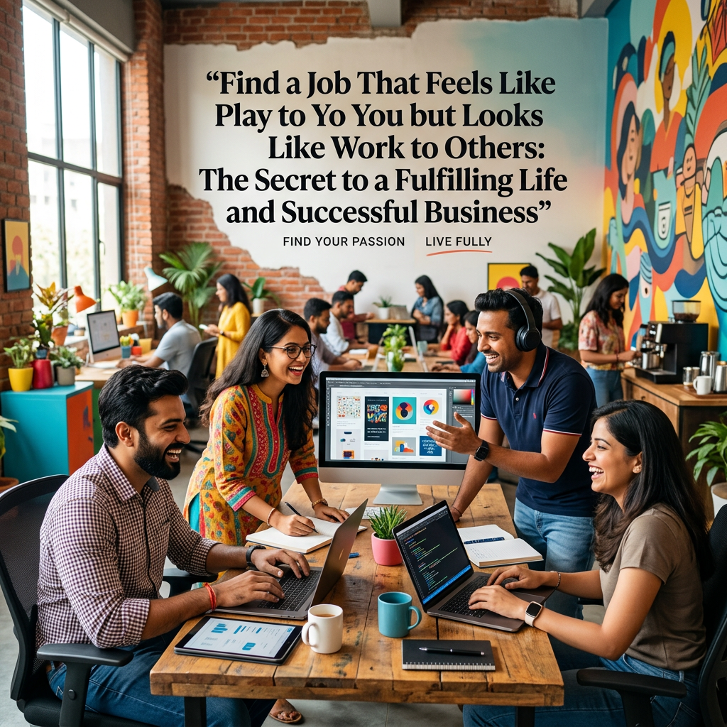 Team collaborating around laptops beneath a motivational workplace quote