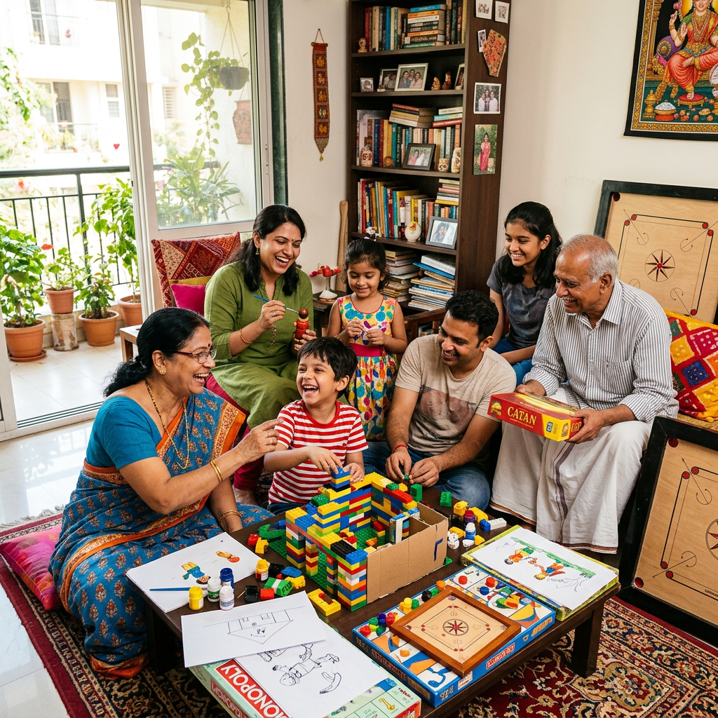 Multigenerational family laughing and playing board games together